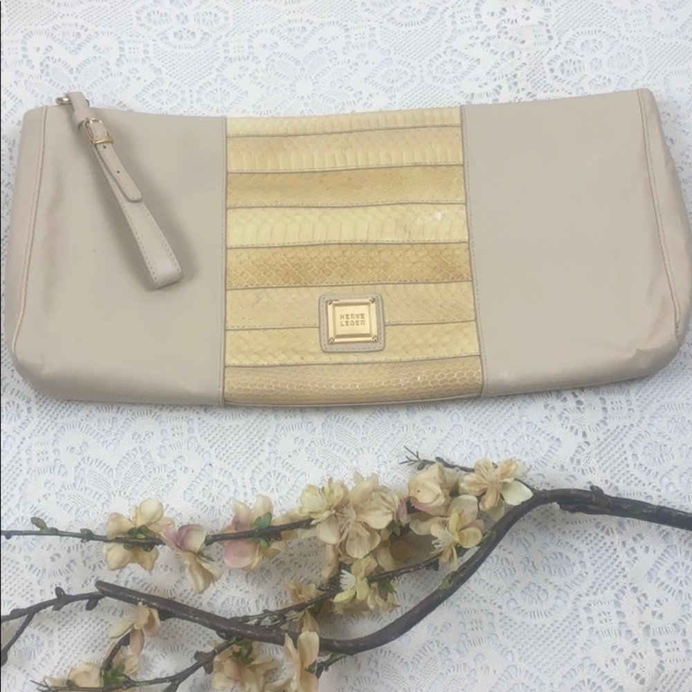 Herve Leger Leather Beige Snakeskin Clutch